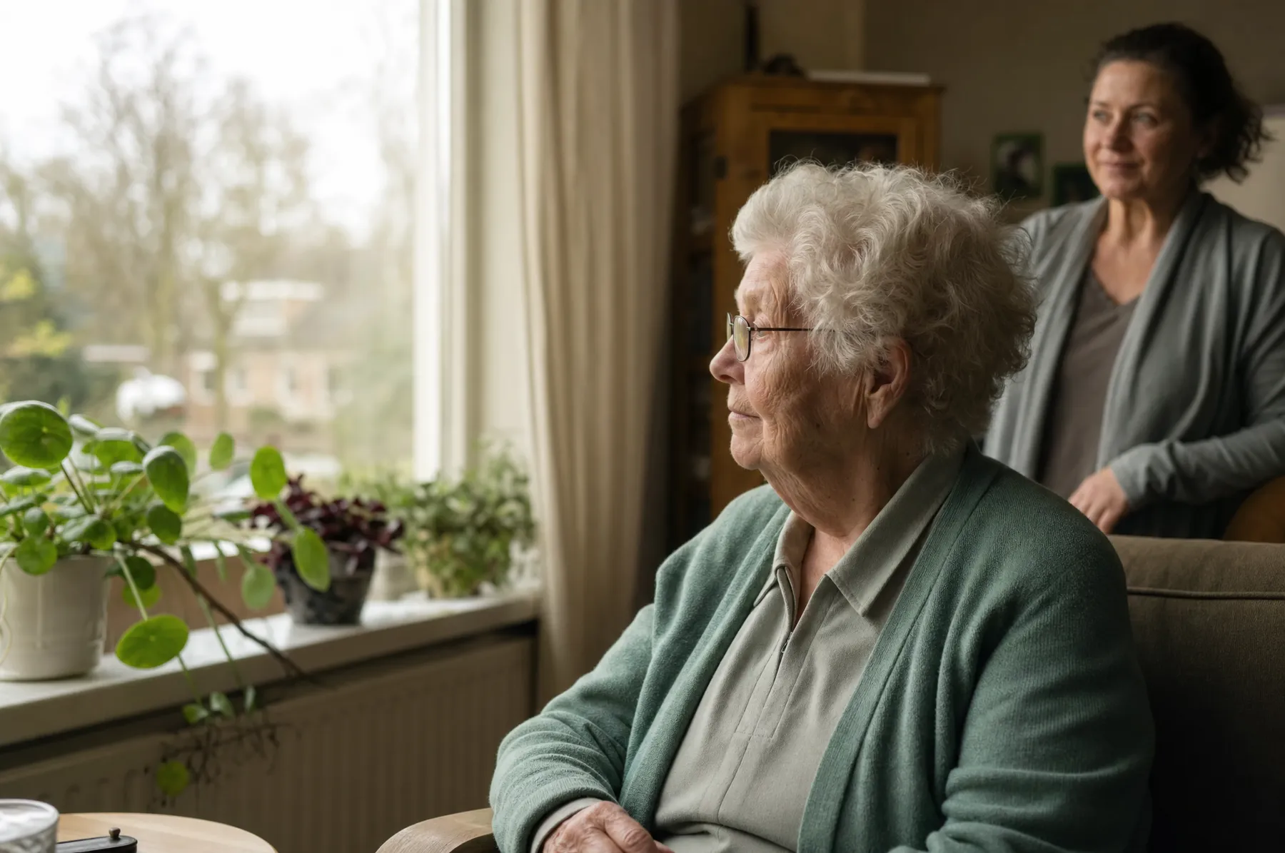 Oudere vrouw buiten met begeleiding